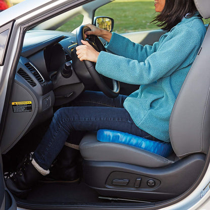 Blue egg seat cushion placed on a car seat for added comfort