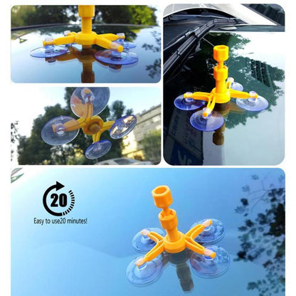 Auto glass crack repair kit with yellow injector tool and suction cups