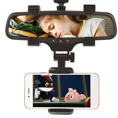 Black rearview mirror phone holder with wide clamp and smartphone screen attached
