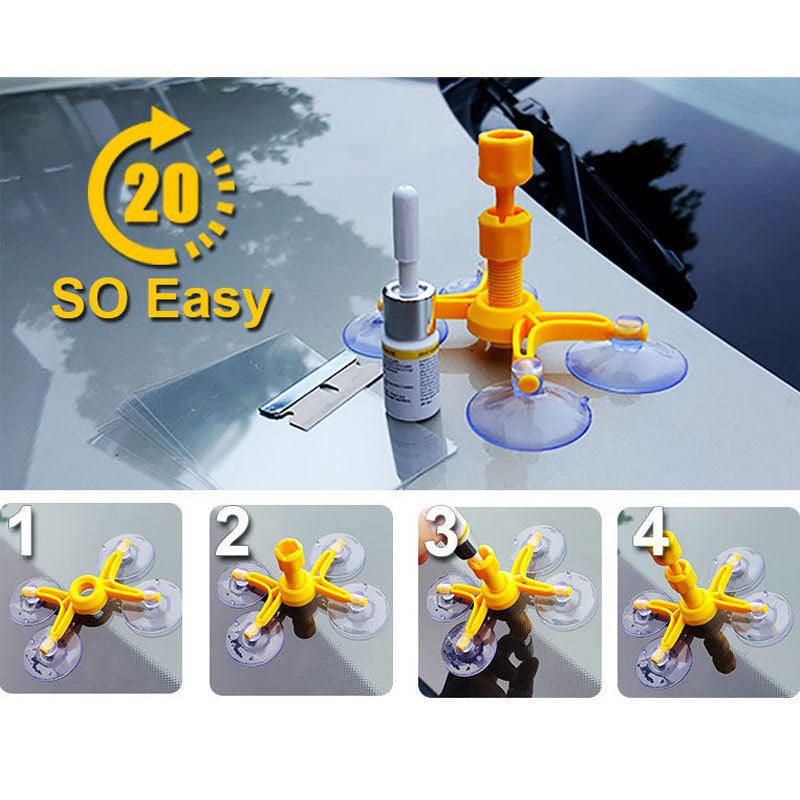 Auto glass crack repair kit mounted on windshield with yellow injector tool