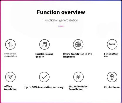 Function overview graphic for wireless translator earbuds with feature icons