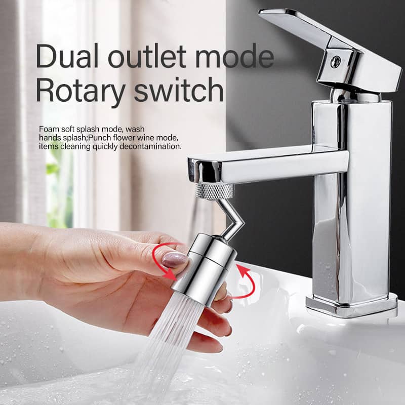 Chrome faucet filter head with rotary switch lever on a single-handle faucet