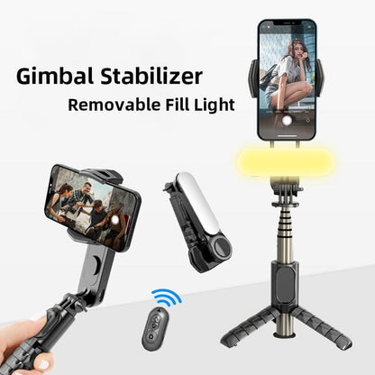 Selfie gimbal stabilizer with removable LED fill light, phone mount, and tripod stand