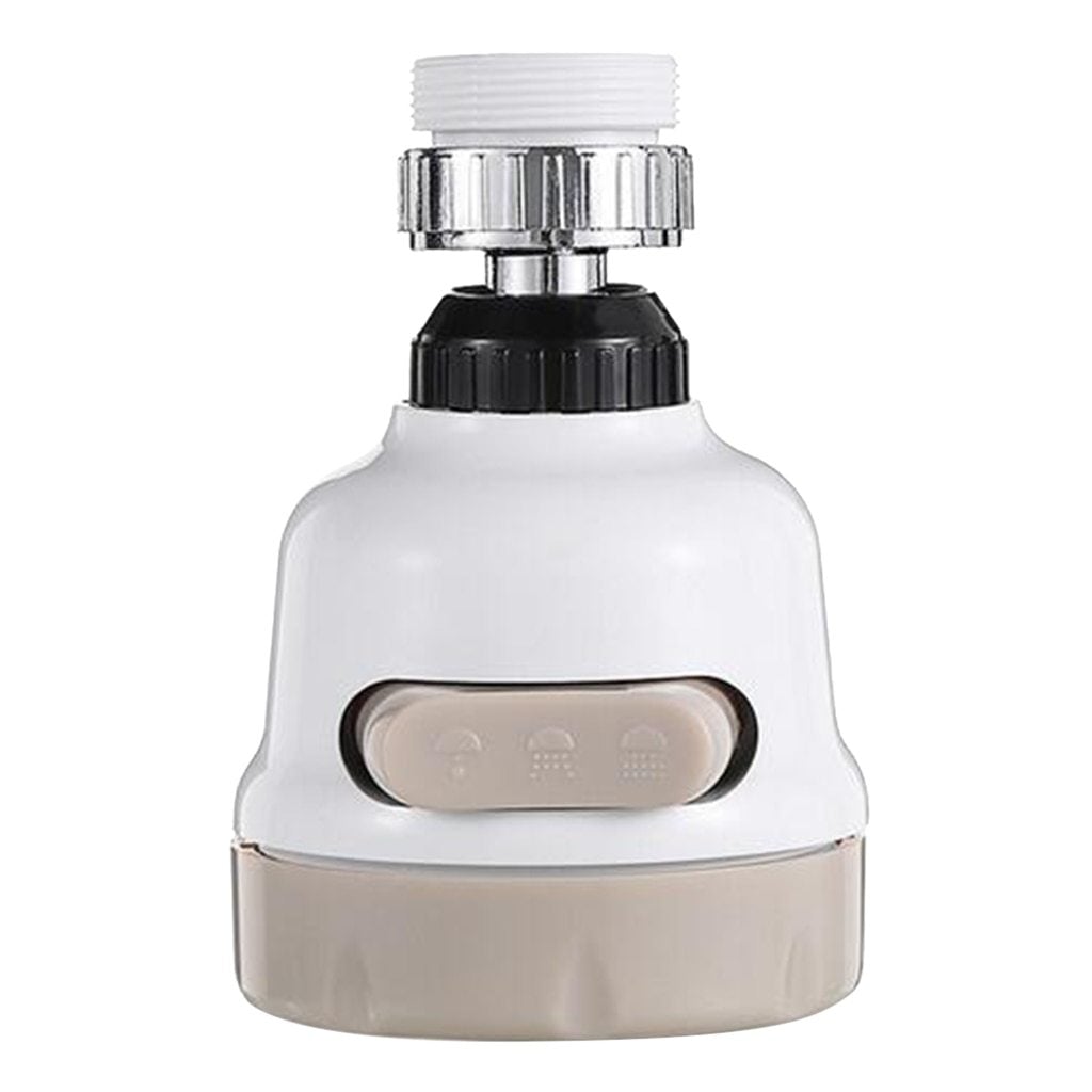 White faucet aerator with chrome threaded head, black inner ring, and front mode panel