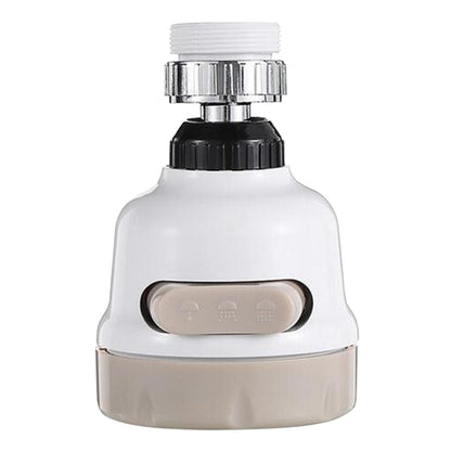 White faucet aerator with chrome threaded head, black inner ring, and front mode panel