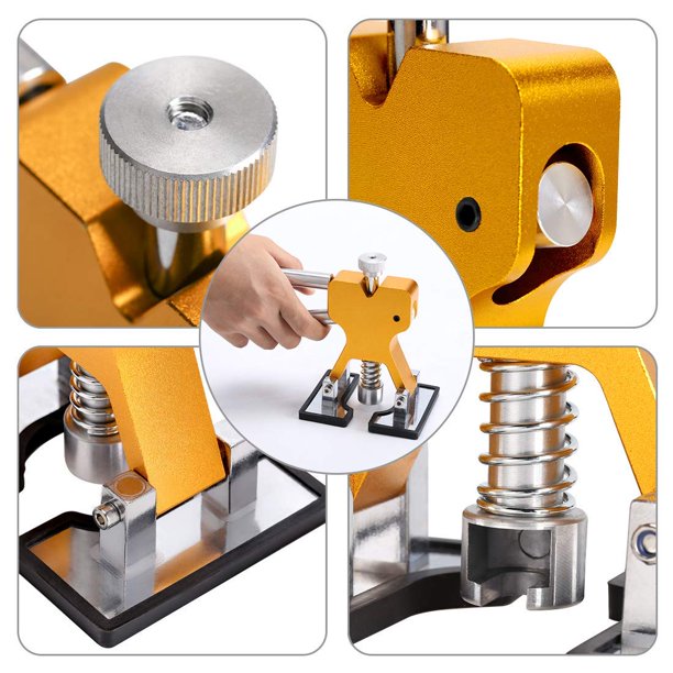 Gold dent repair tool close-up with spring plunger and circular work platform