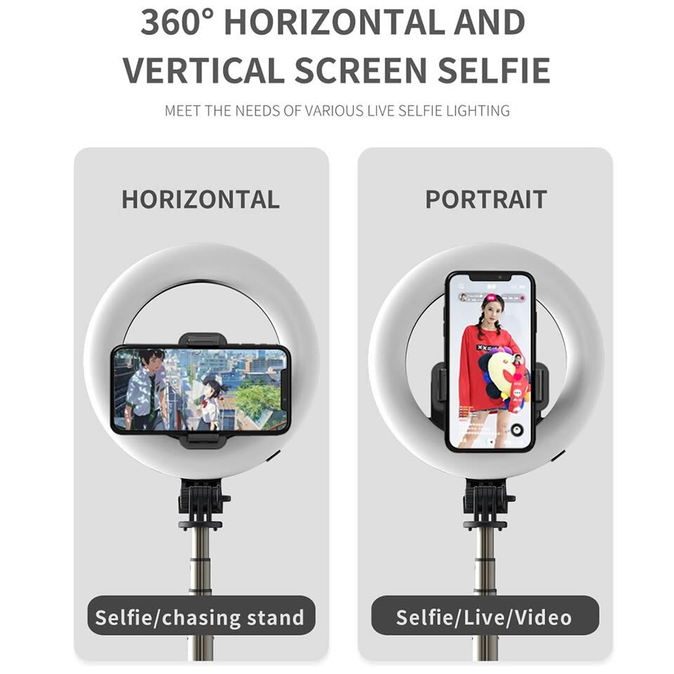 Ring light selfie stick showing horizontal and portrait phone orientations on tripod