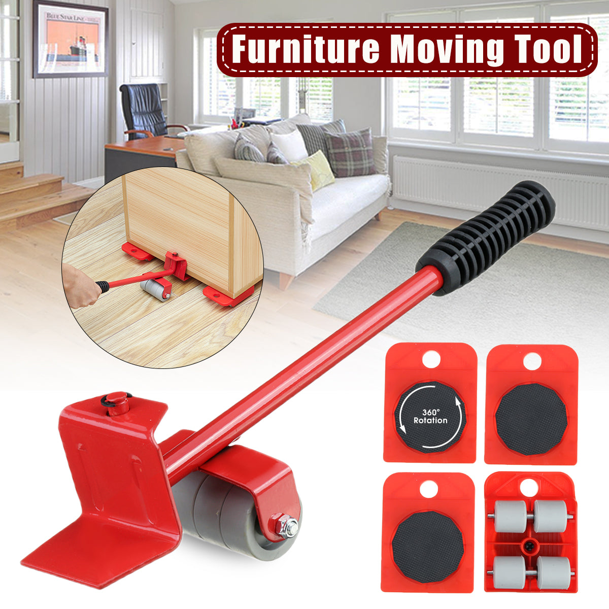 Red furniture moving lever tool with roller base and multiple square pads in package