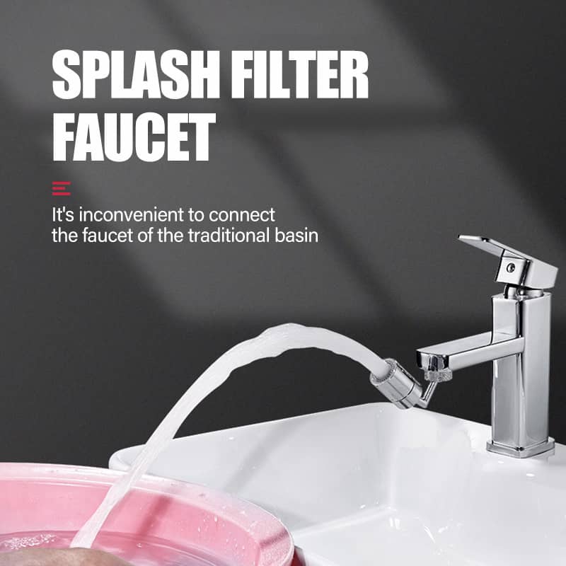 Chrome splash filter faucet accessory with white tube for directing water into sink
