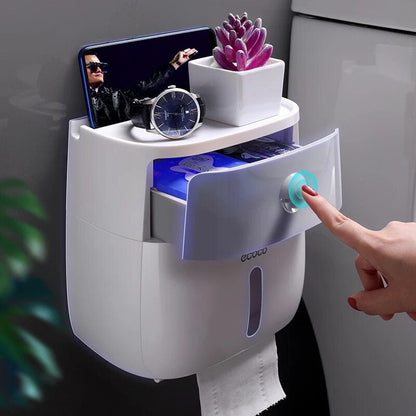 Wall-mount waterproof toilet paper holder with open top shelf and white housing