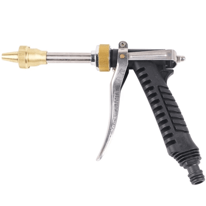 High-pressure car wash spray gun with brass quick-connect tip and black ribbed grip