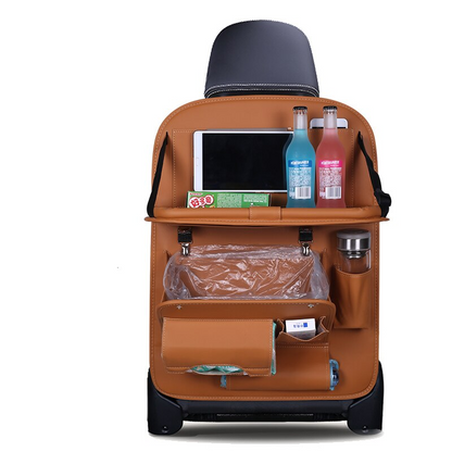 Car seat organizer with tray in brown leather with bottle holders and top tablet compartment.