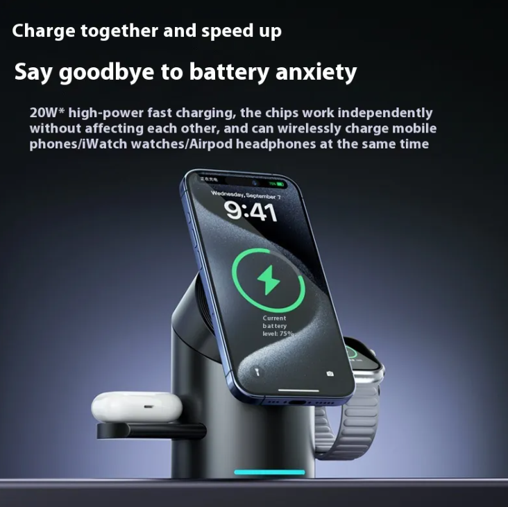3-in-1 charging station with phone dock, watch band, and wireless earbuds
