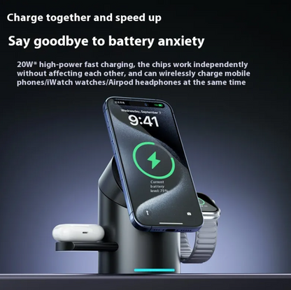3-in-1 charging station with phone dock, watch band, and wireless earbuds