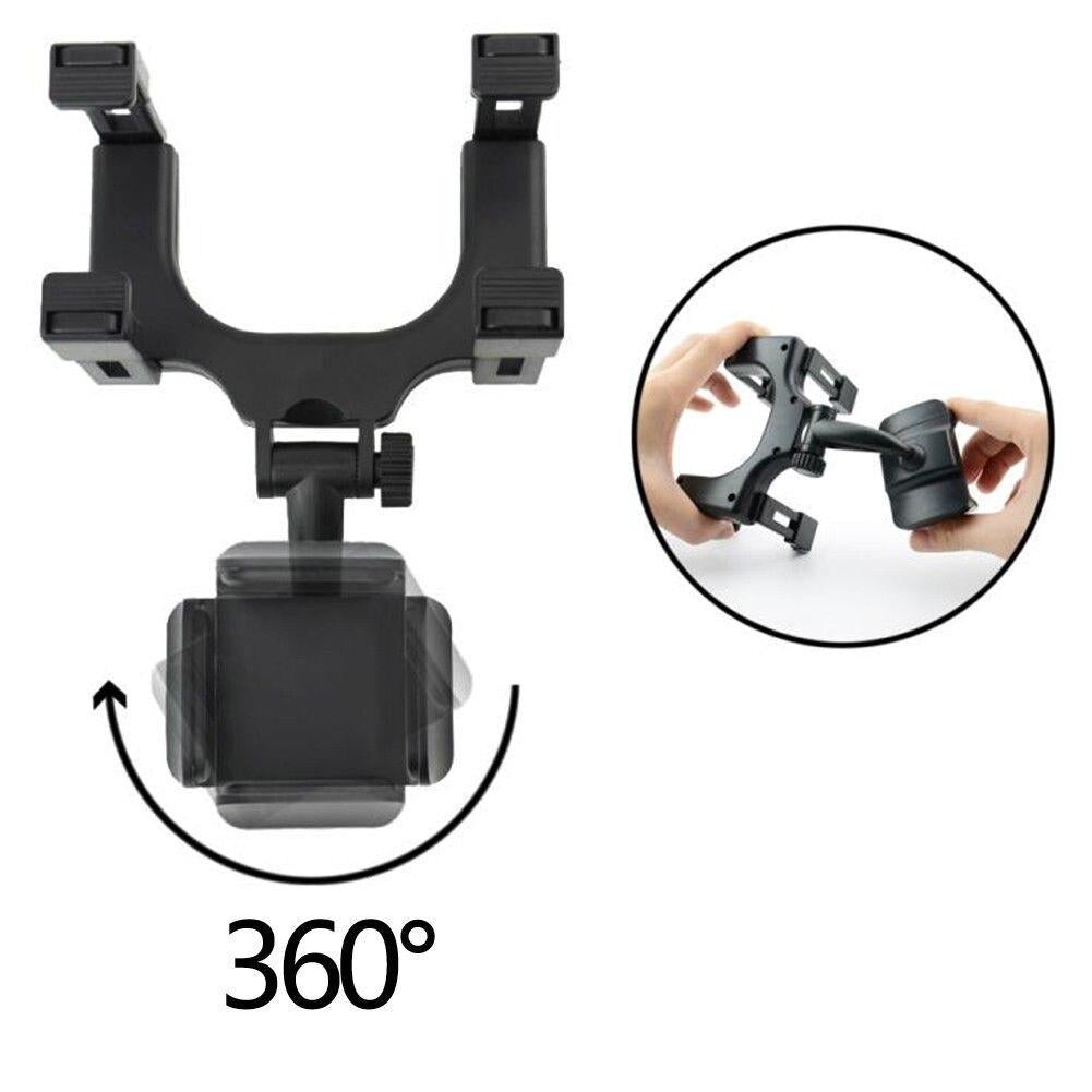 Black rearview mirror phone holder base with adjustable grip and rotating arms