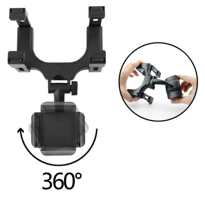 Black rearview mirror phone holder base with adjustable grip and rotating arms