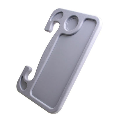 Gray car steering wheel tray with cup holder and U-shaped hand grips