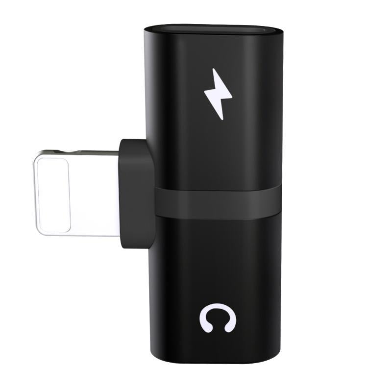 2-in-1 audio and charging adapter, black cylinder design with USB-C input and audio port