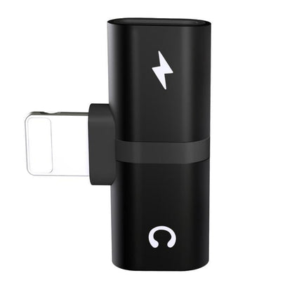 2-in-1 audio and charging adapter, black cylinder design with USB-C input and audio port