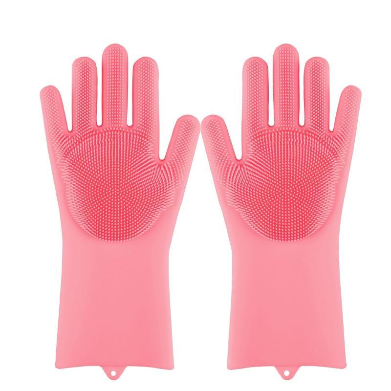 Pink silicone dishwashing gloves with textured grip dots, long cuffs