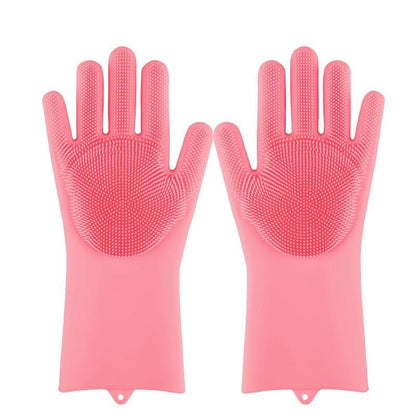 Pink silicone dishwashing gloves with textured grip dots, long cuffs