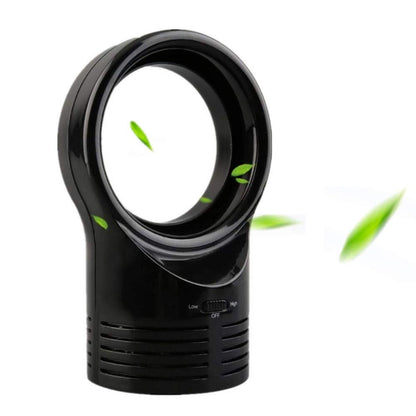 Black bladeless desktop cooling fan with oval airflow opening and front grille vents