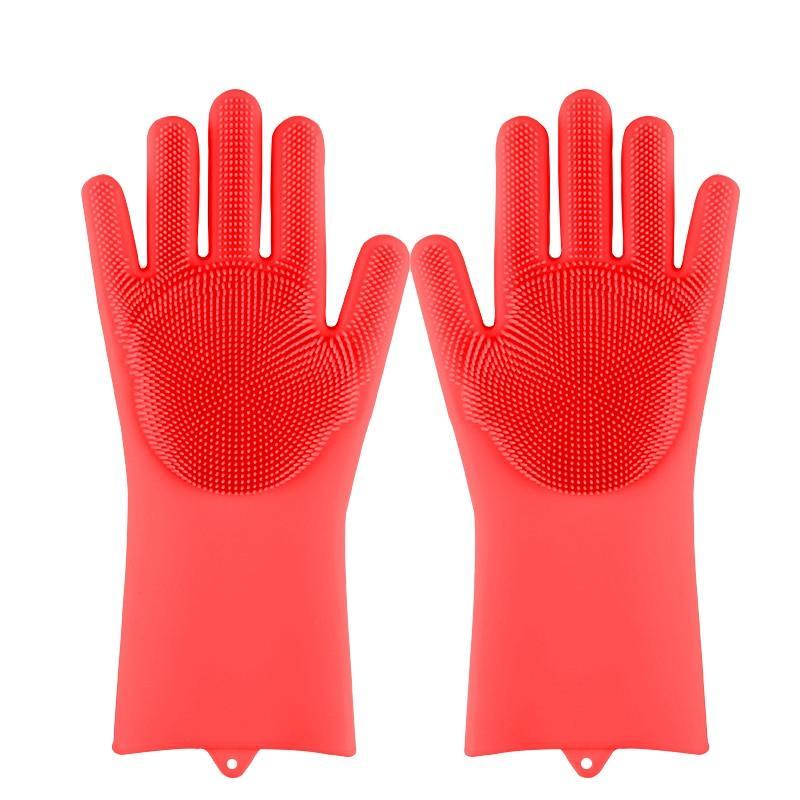 Red silicone dishwashing gloves with textured grip dots, long cuffs
