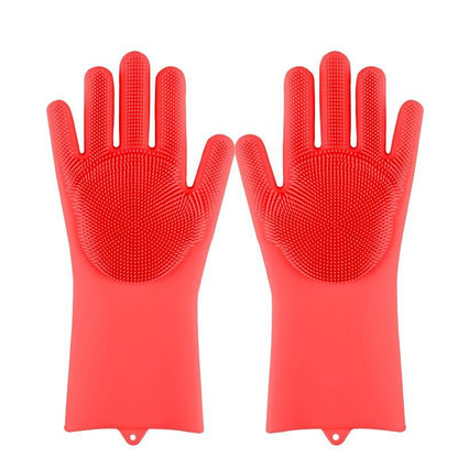 Red silicone dishwashing gloves with textured grip dots, long cuffs