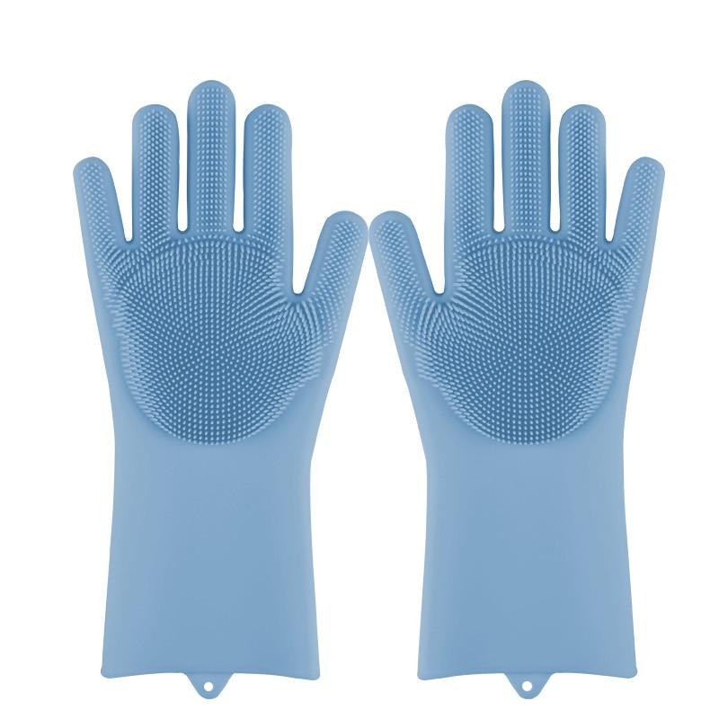 Two light blue silicone dishwashing gloves, full hand coverage with textured scrub dots