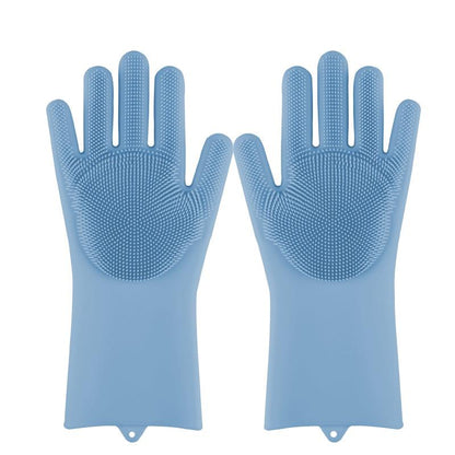 Two light blue silicone dishwashing gloves, full hand coverage with textured scrub dots