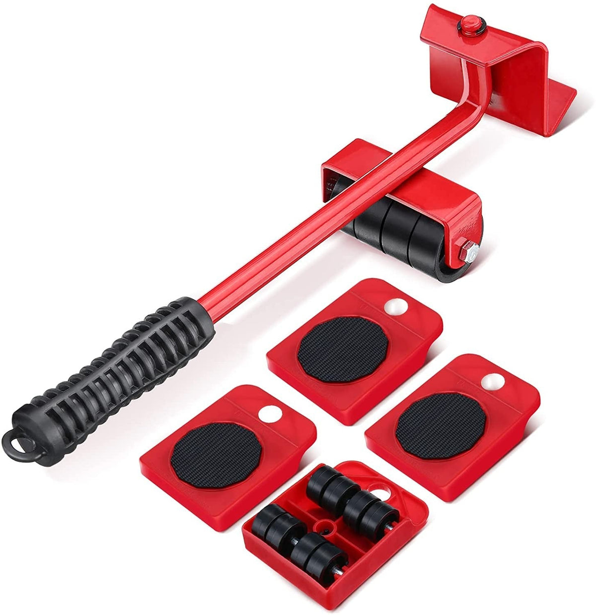 Red furniture mover lever tool with roller wheel and three square sliding pads