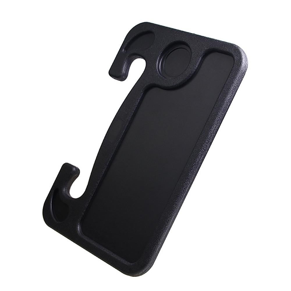 Black car steering wheel tray with circular cup holder and U-shaped hand grips