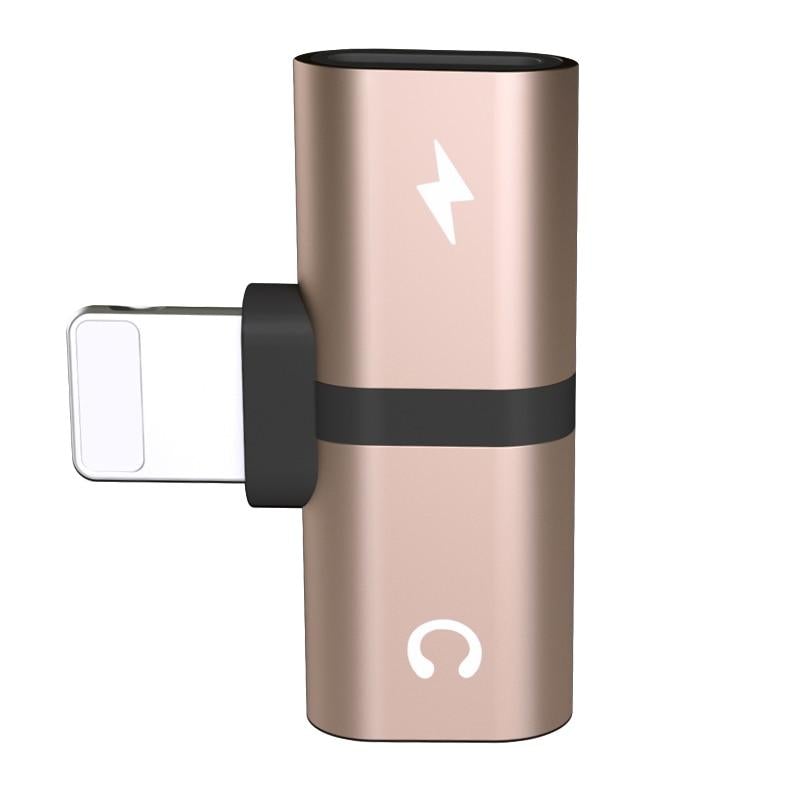 2-in-1 audio and charging adapter, rose gold cylinder design with USB-C input and audio port