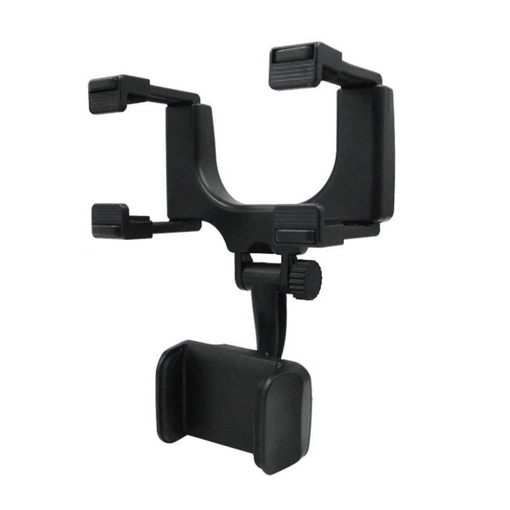 Black rearview mirror phone holder with bottom knob and side clamp grips