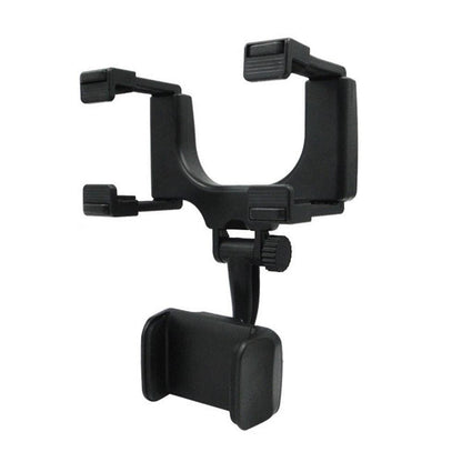Black rearview mirror phone holder with bottom knob and side clamp grips